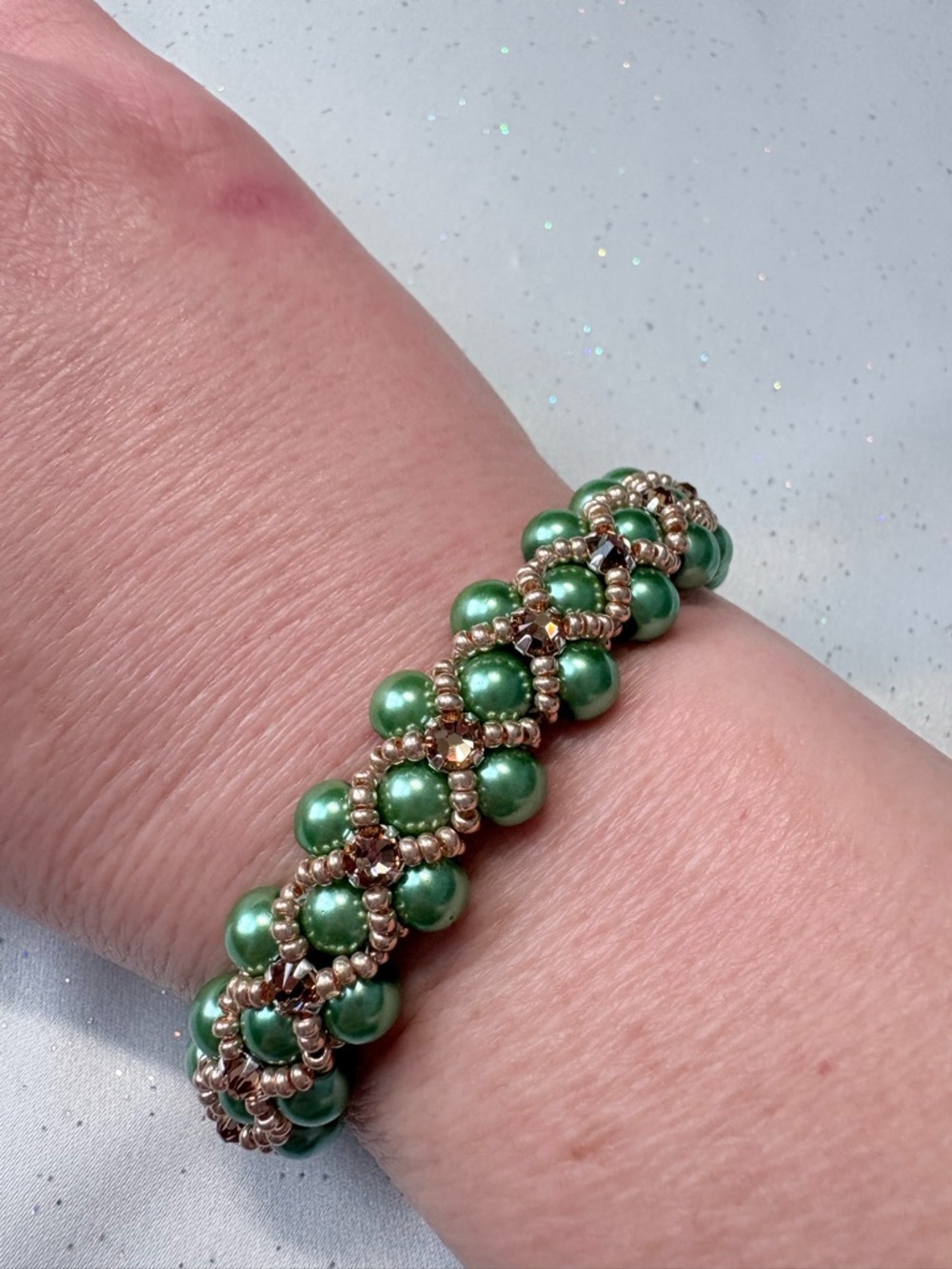 Green Pearl and Gold Beaded Stretch Bracelet - Women Jewelry